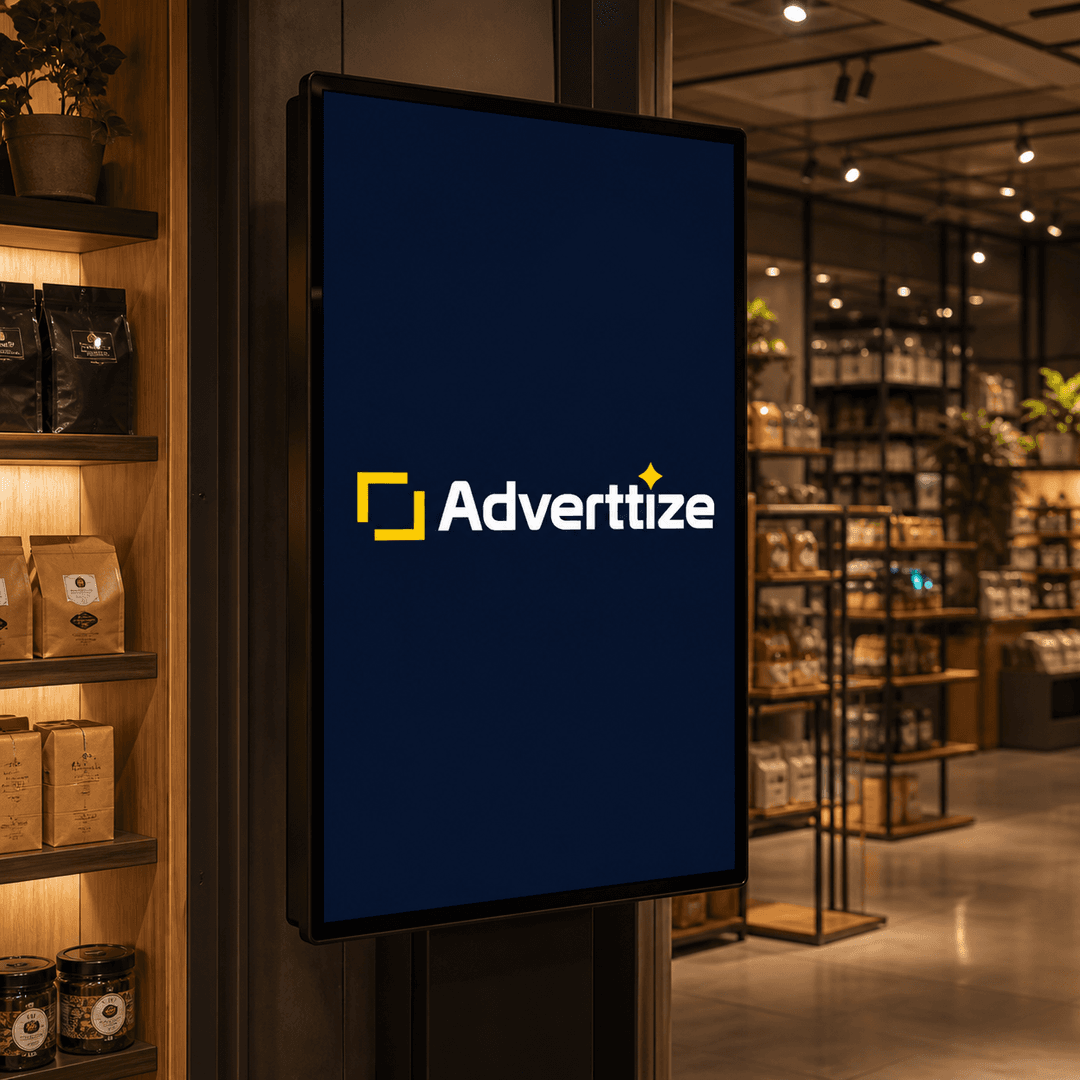Adverttize digital advertising screen displaying the Adverttize logo in a modern retail store